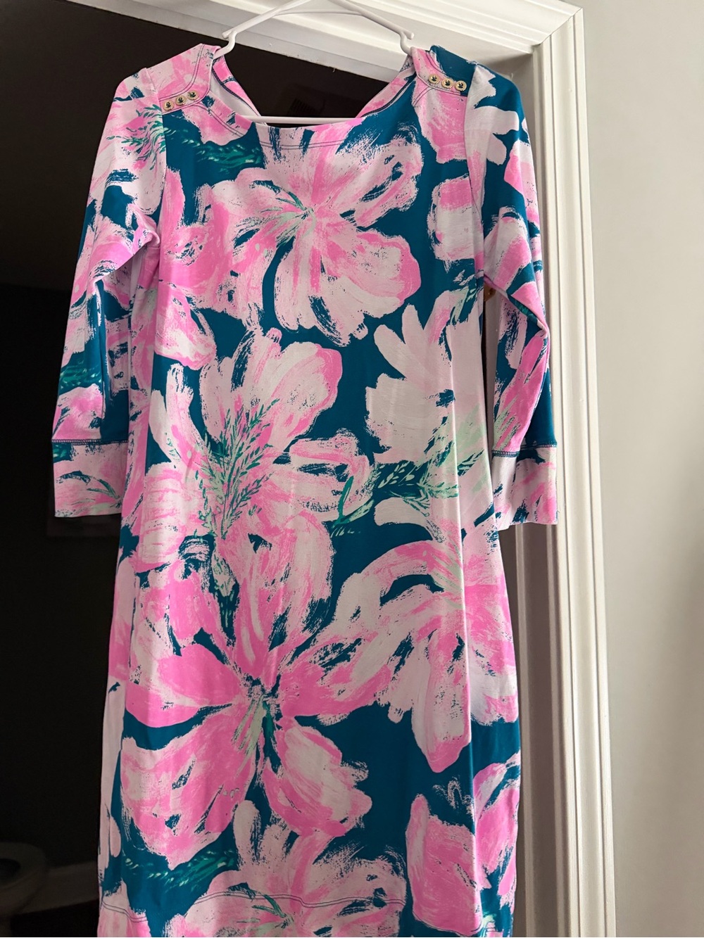 Lilly Pulitzer Teal, Pink & White Floral Knee-Length Long Sleeve Dress